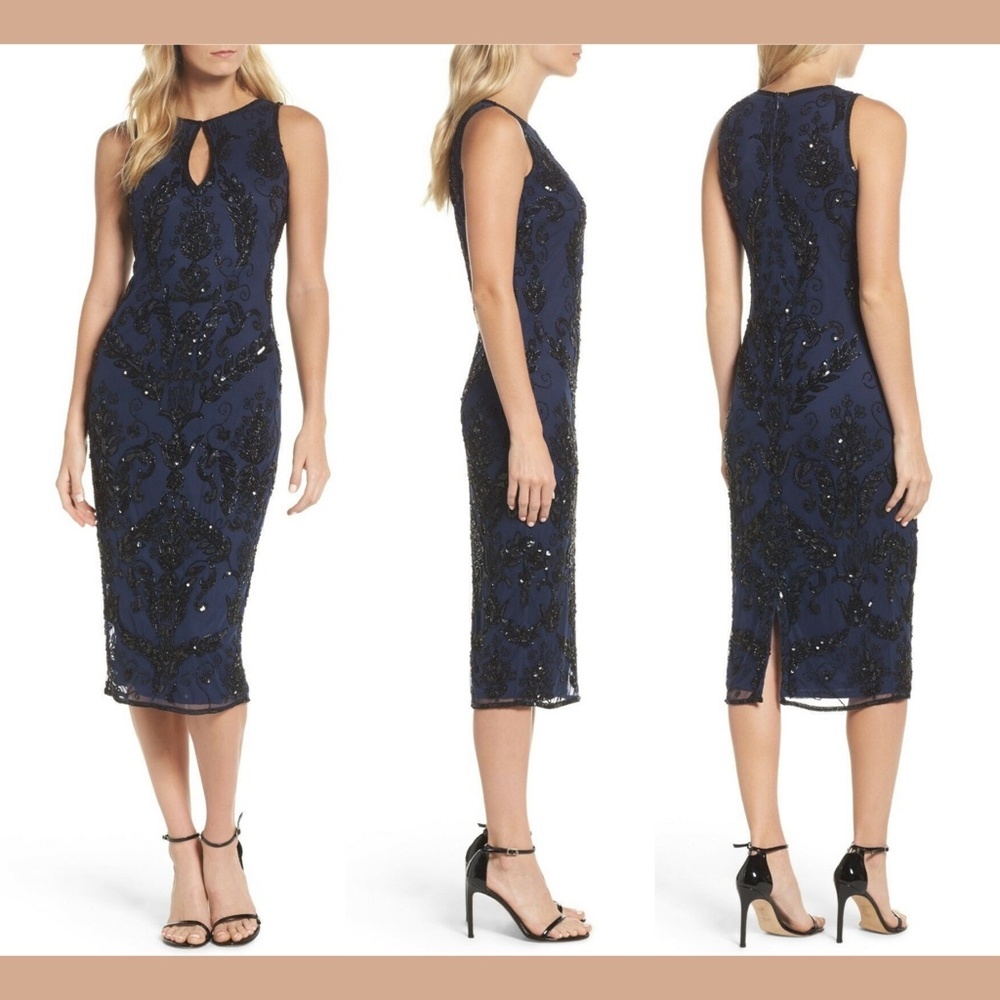 NWT Pisarro‎ Nights Beaded Pencil Dress Navy [ SZ 2 ]